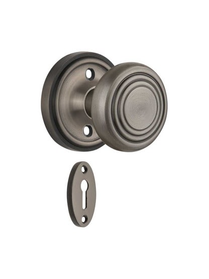 Classic Rosette Mortise Lock Set with Deco Style Knobs in Antique Pewter.